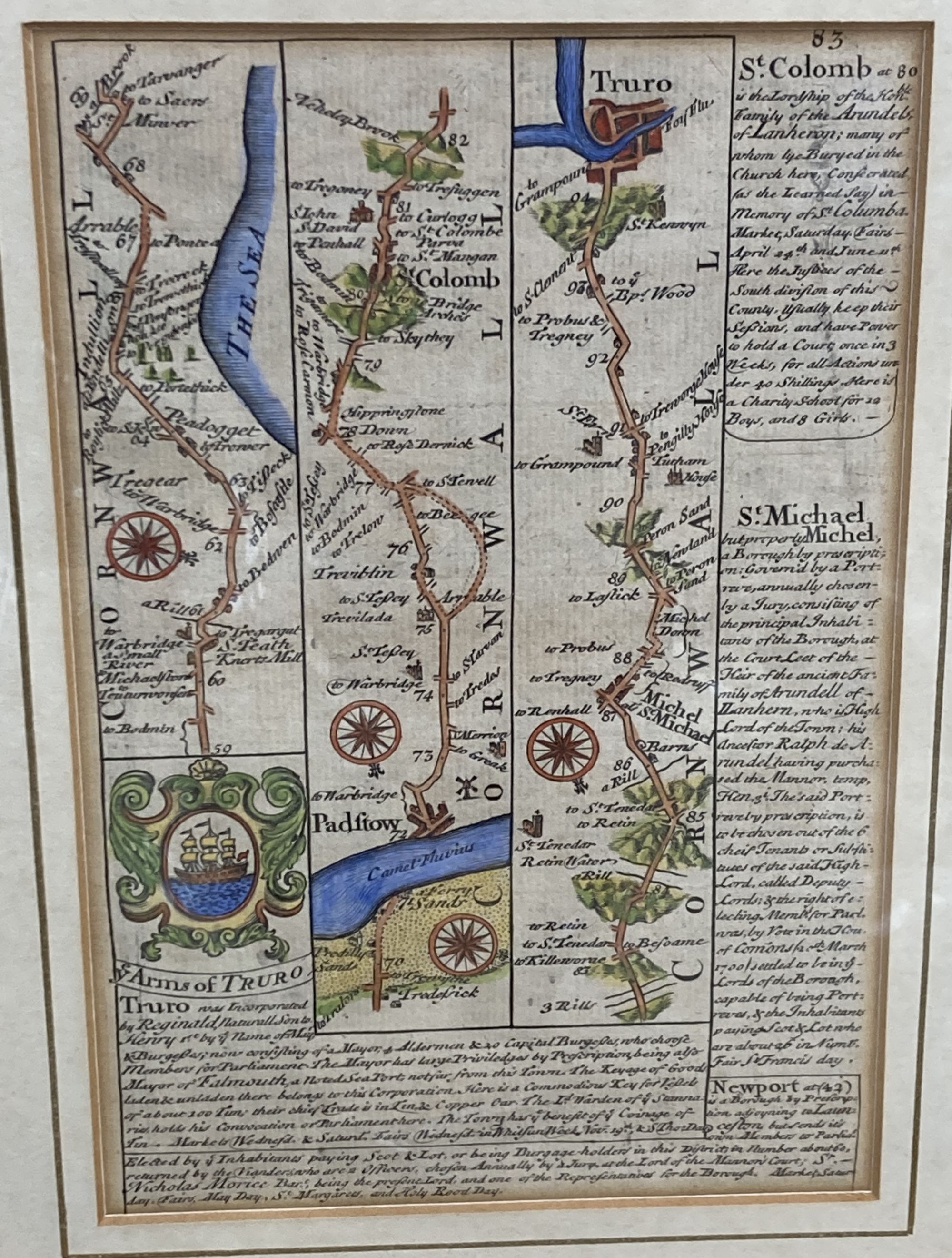 Three 18th century hand coloured engraved maps of Dorsetshire, The Road to Truro and Perou, largest 34 x 24cm